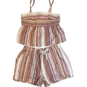 Lucky Brand Linen Blend Paperbag Shorts & Cami Set Small Petite Striped Boho